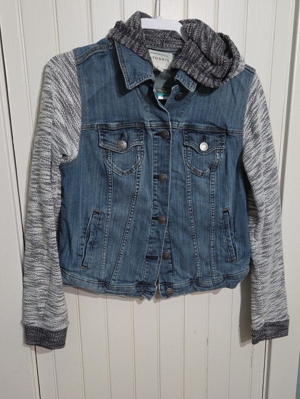Torrid Hooded Denim Jacket with Knit Sleeves Fall Layer "Torrid Size 0" M/L